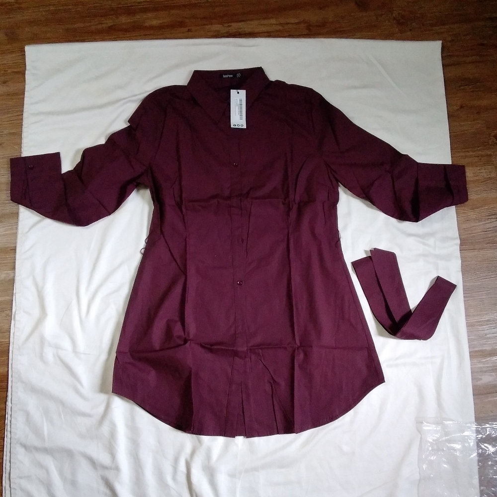 Boohoo Maroon Button-Up Shirt dress Size 16